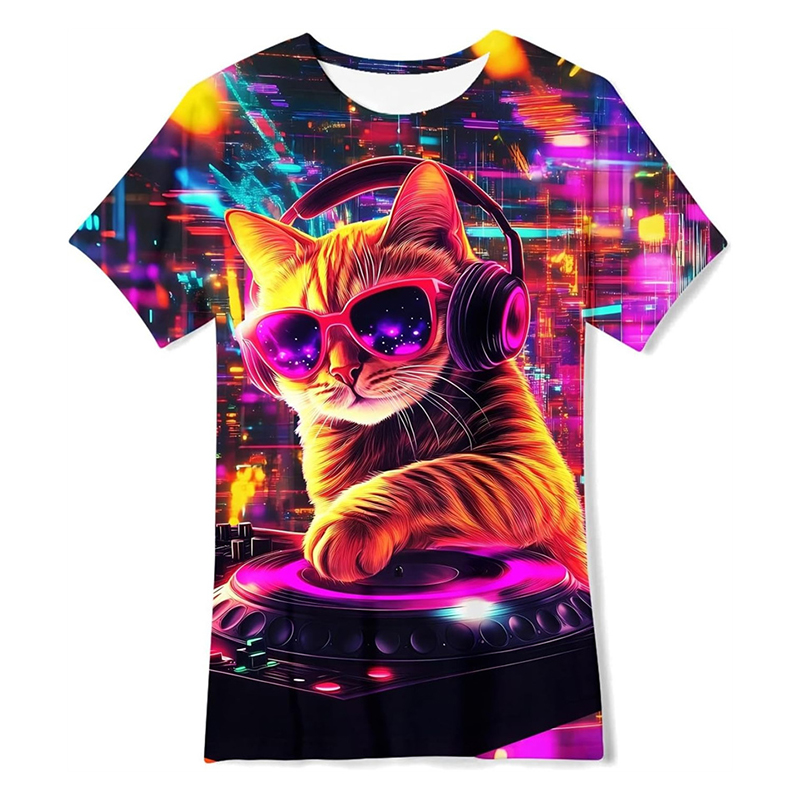 Street Fashion Trends 2025 - Neon Hip Hop Cat T-shirt For