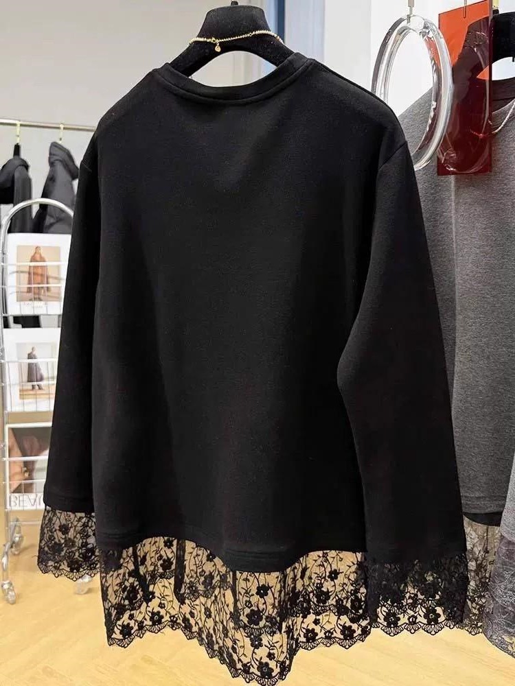 Women Lace Patchwork Long Slee - Longline Tee Oversized 评论和价格