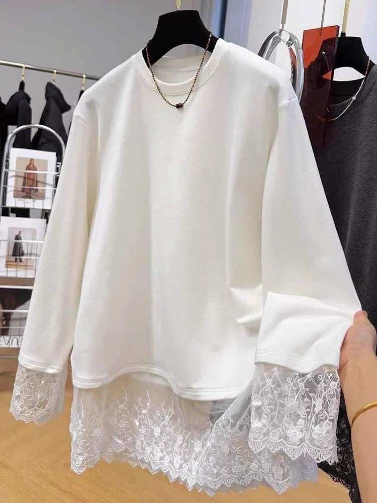 Women Lace Patchwork Long Slee - Longline Tee Oversized 评论和价格