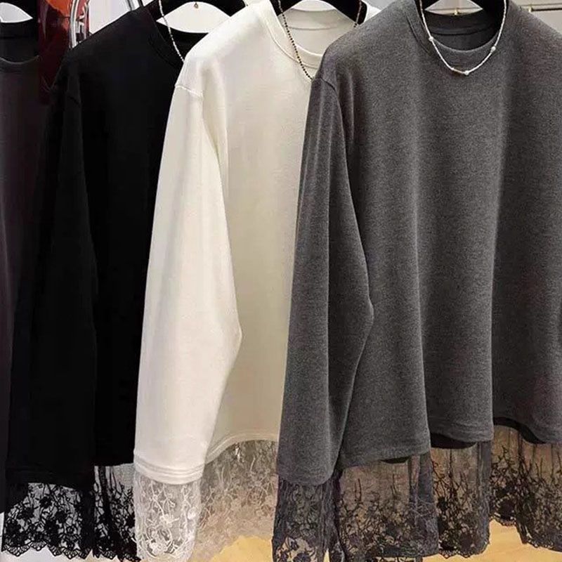 Women Lace Patchwork Long Slee - Longline Tee Oversized 评论和价格