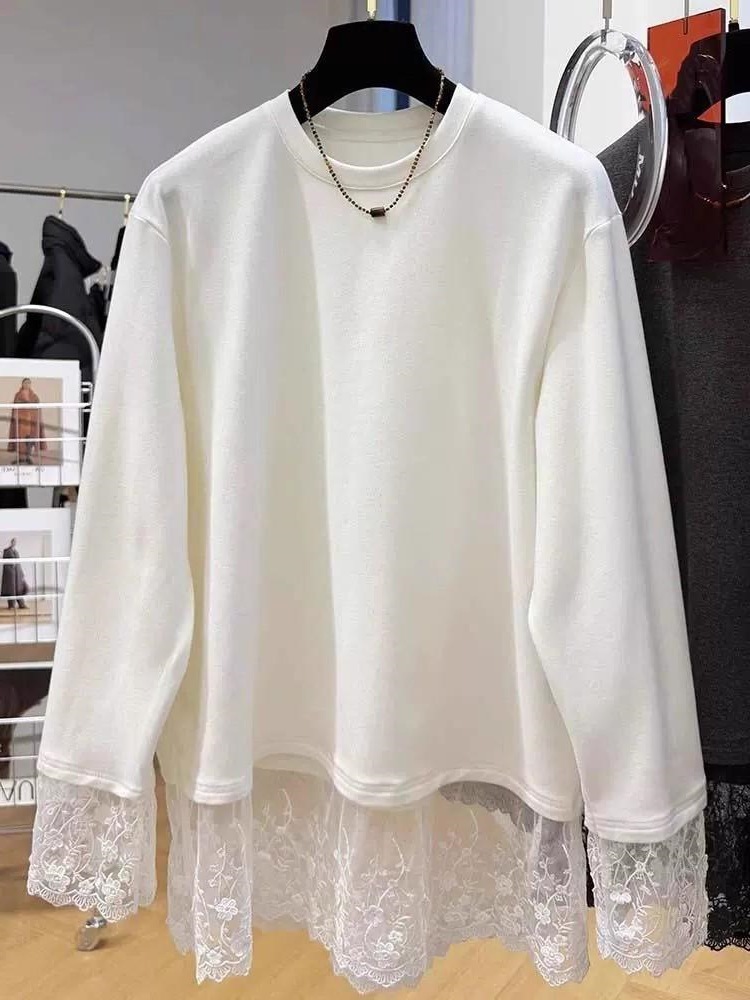 Women Lace Patchwork Long Slee - Longline Tee Oversized 评论和价格
