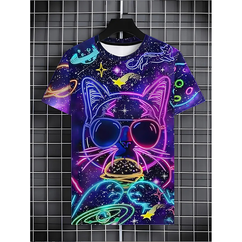 Neon Hip Hop Cat T-shirt For M - Street Fashion Trends 2025 评论和价格