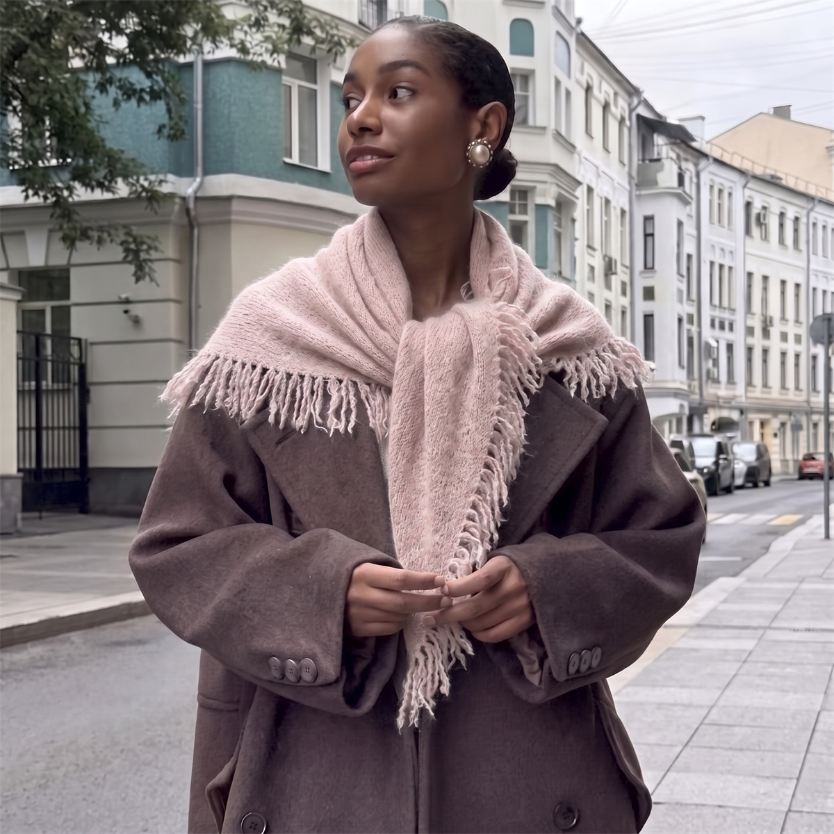 Solid Pink Tassel Triangle Hea - Street Fashion Hijab 评论和价格