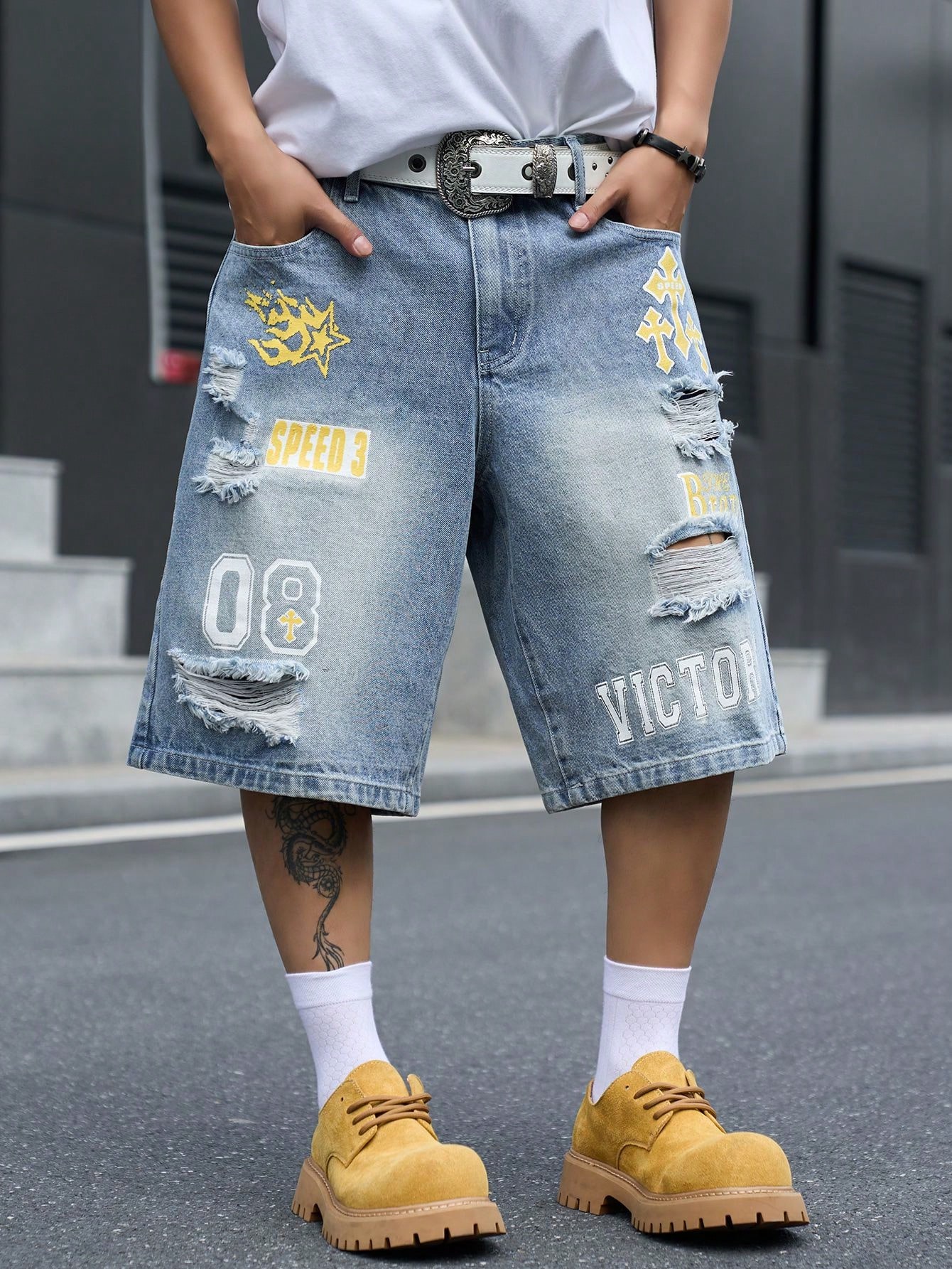 Men's Loose Fit Denim Bermuda  - Street Fashion Hip Hop 评论和价格