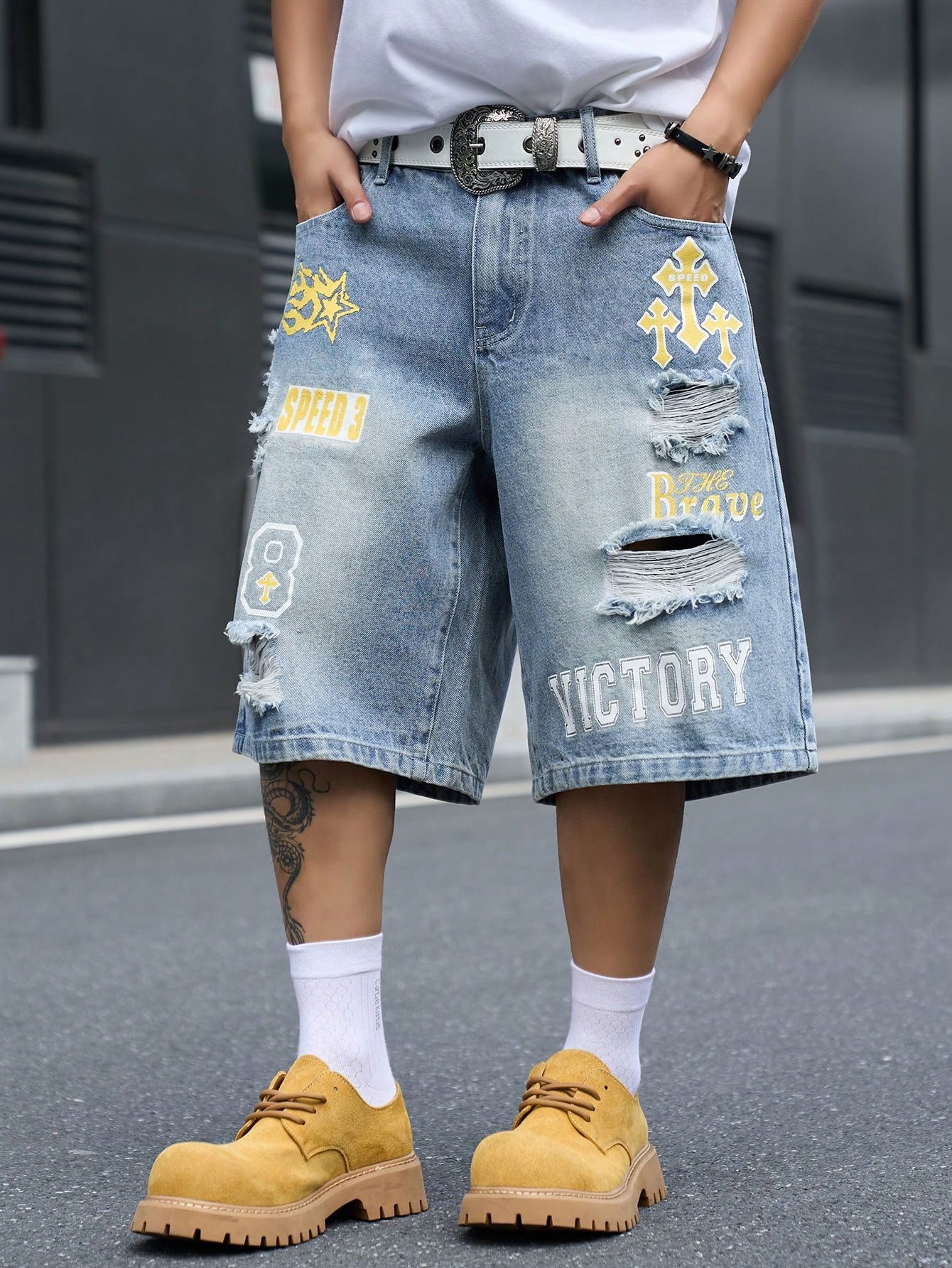 Men's Loose Fit Denim Bermuda  - Street Fashion Hip Hop 评论和价格