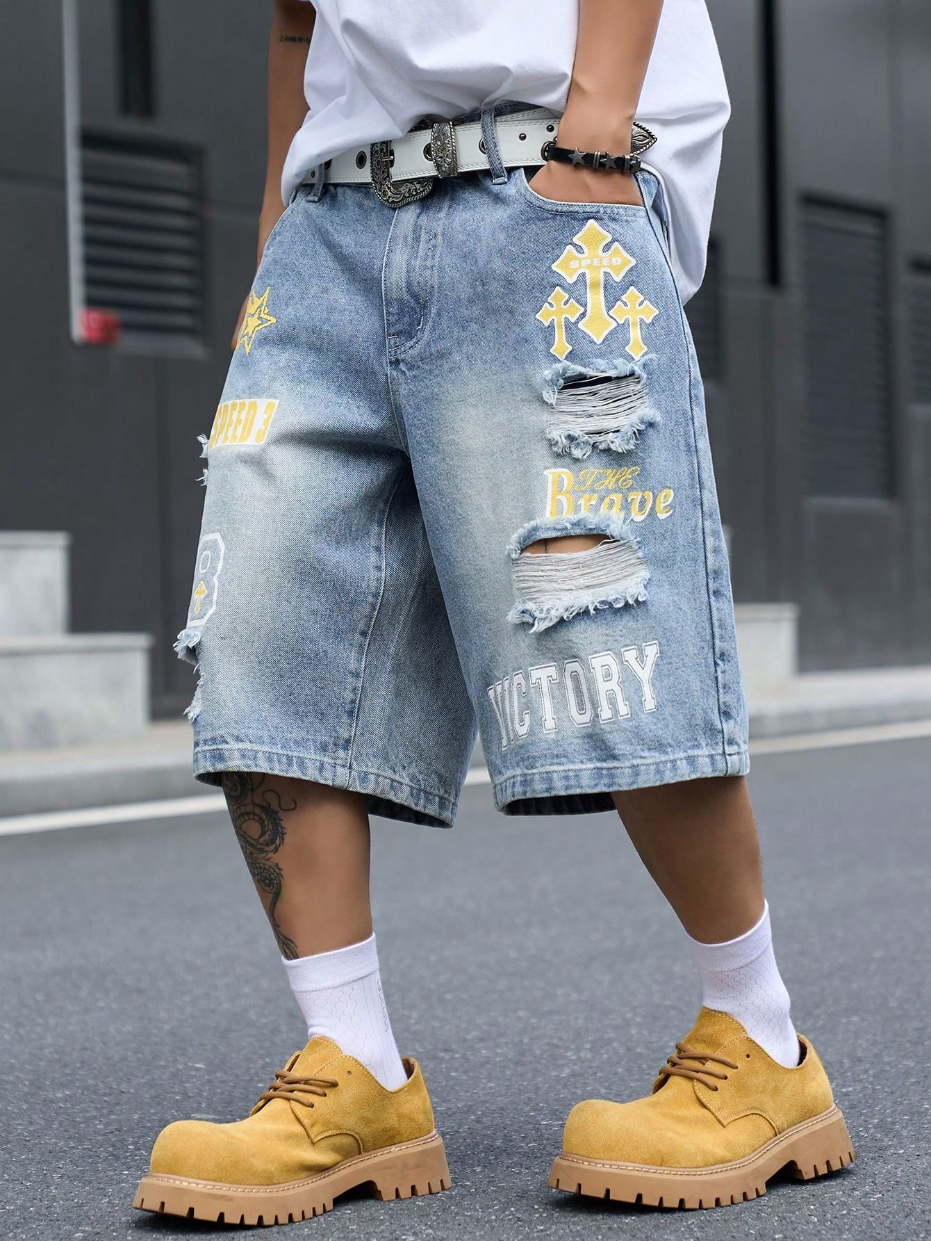Men's Loose Fit Denim Bermuda  - Street Fashion Hip Hop 评论和价格